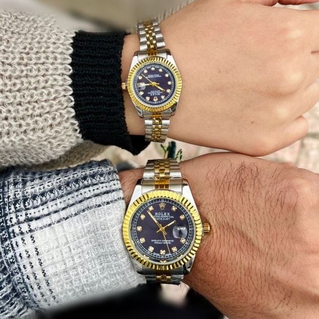 ساعت مردانه و  زنانه رولکس rolex  کیفیت عالی رنگ طلایی نقره ای با صفحه مشکی