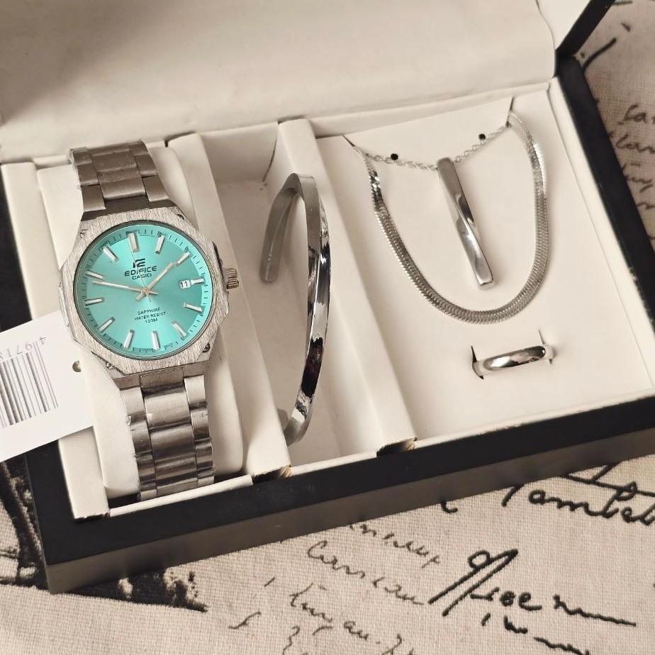 ست ساعت مردونه کاسیو casio با دستبند و گردنبند و حلقه کادو مردونه