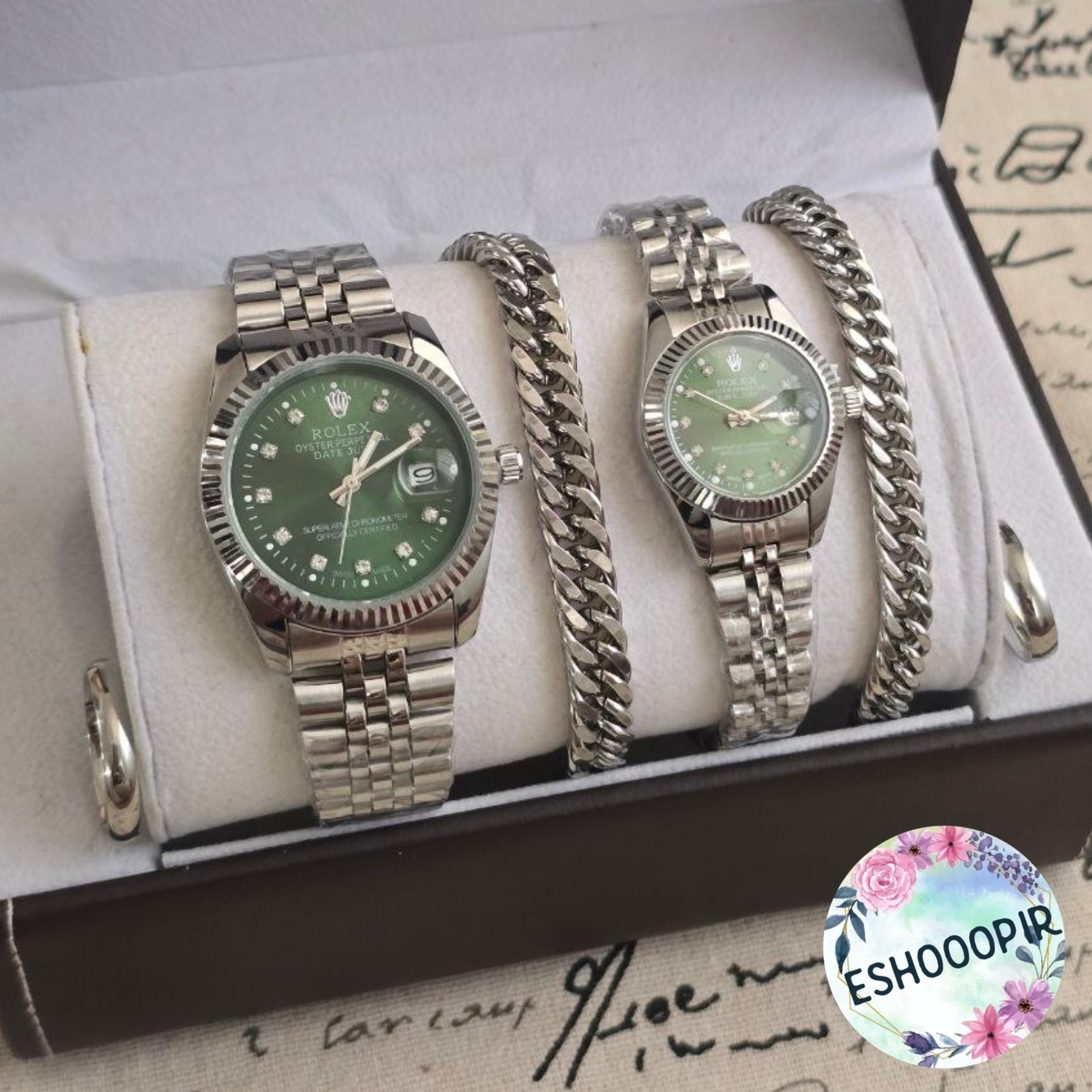 ساعت زنانه و مردانه رولکس Rolex ست با دستبند و انگشتر صفحه سبز با ارسال رایگان