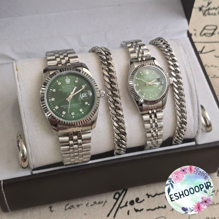 ساعت زنانه و مردانه رولکس Rolex ست با دستبند و انگشتر صفحه سبز با ارسال رایگان