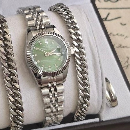 ساعت زنانه و مردانه رولکس Rolex ست با دستبند و انگشتر صفحه سبز با ارسال رایگان