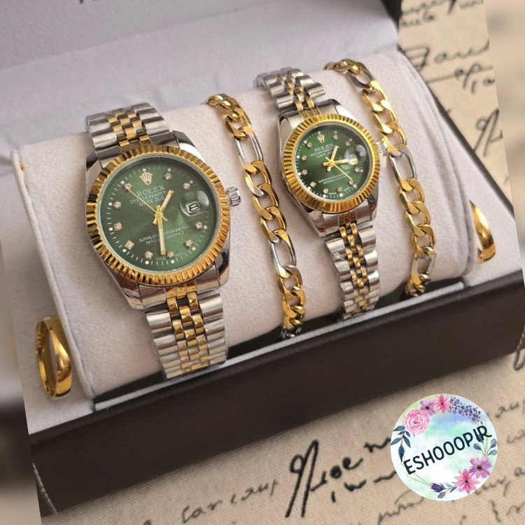 ساعت رولکس زنانه و مردانه Rolex ست با دستبند و انگشتر صفحه سبز با ارسال رایگان