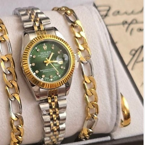 ساعت رولکس زنانه و مردانه Rolex ست با دستبند و انگشتر صفحه سبز با ارسال رایگان