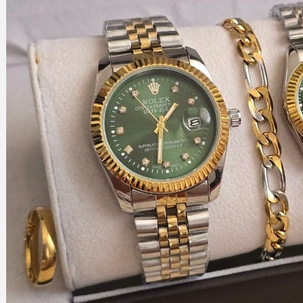 ساعت رولکس زنانه و مردانه Rolex ست با دستبند و انگشتر صفحه سبز با ارسال رایگان