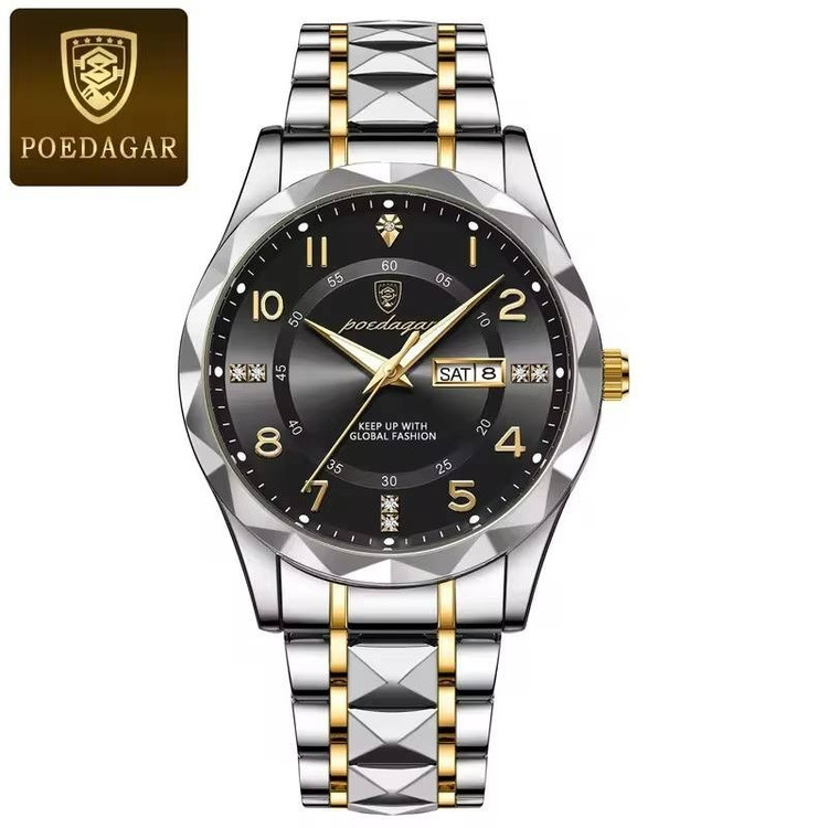ساعت مردانه پوداگار اصل poedagar مدل 858 بند الماسی صفحه مشکی