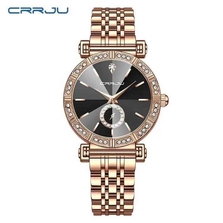 ساعت سرجیو زنانه اورجینال crrju مدل 5011 نگین دار بند رزگلد صفحه مشکی