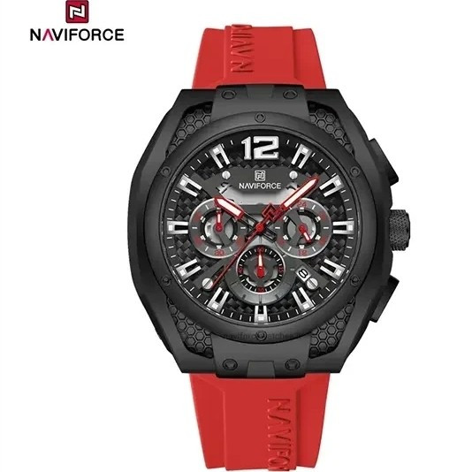 ساعت مردانه پسرانه نیوی فورس Naviforce اورجینال سه موتور فعال بند رابر قرمز