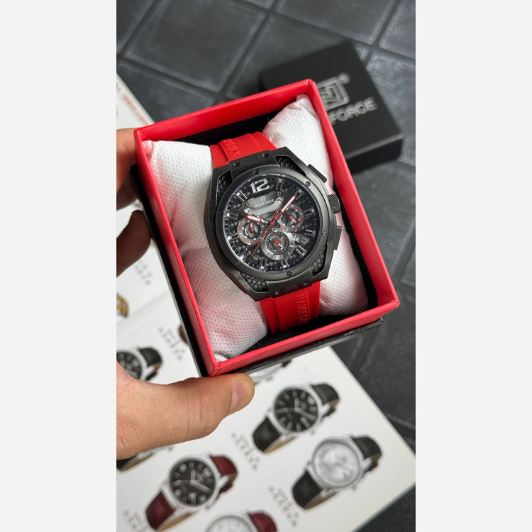 ساعت مردانه پسرانه نیوی فورس Naviforce اورجینال سه موتور فعال بند رابر قرمز
