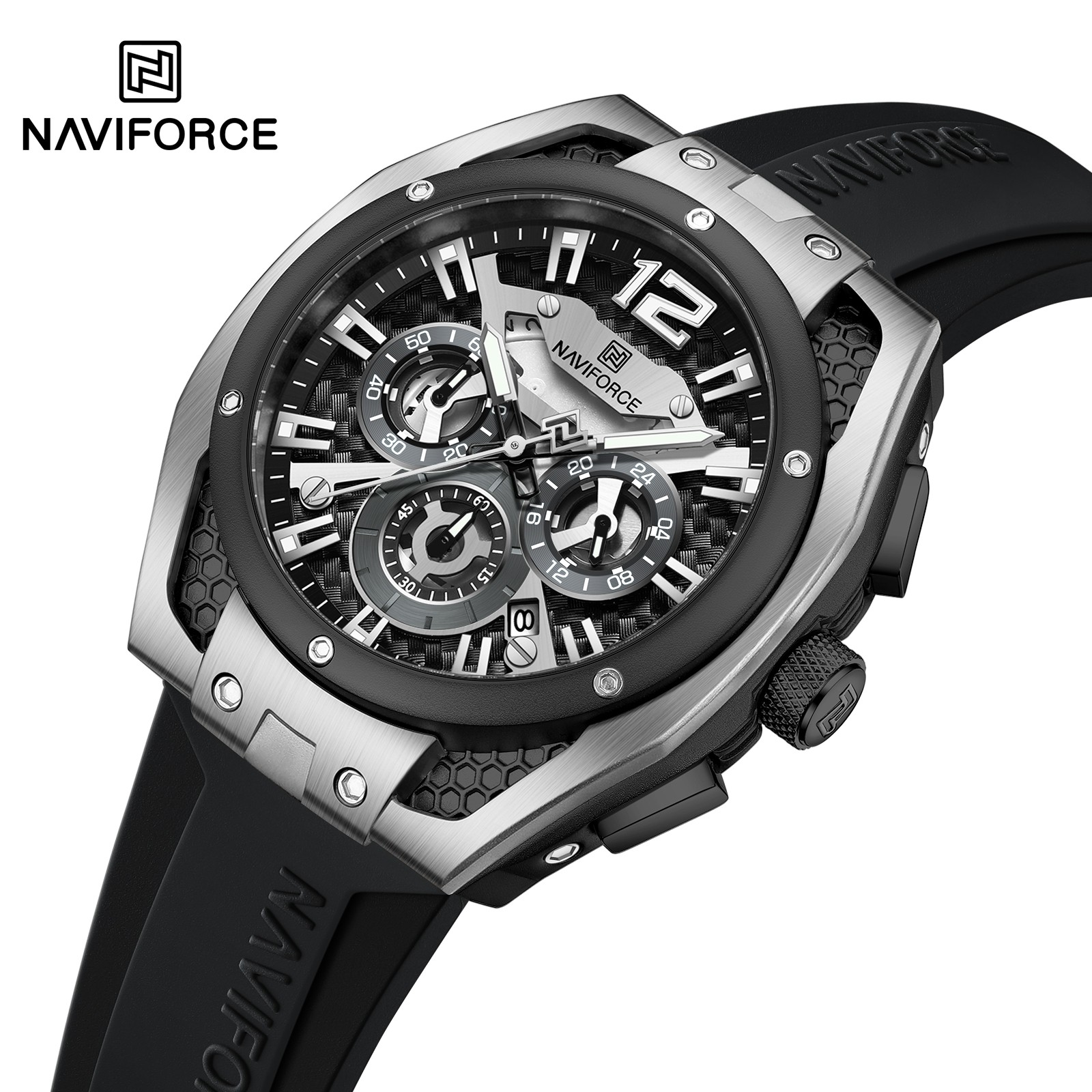 ساعت مردانه پسرانه نیوی فورس Naviforce اورجینال سه موتور فعال بند رابر مشکی نقره ای