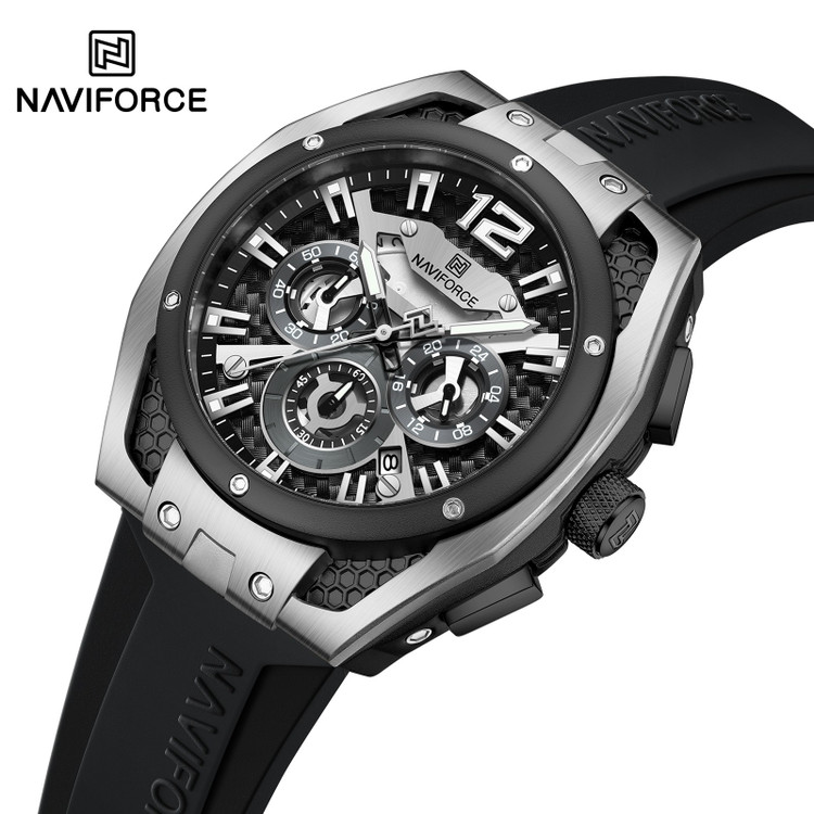ساعت مردانه پسرانه نیوی فورس Naviforce اورجینال سه موتور فعال بند رابر مشکی نقره ای