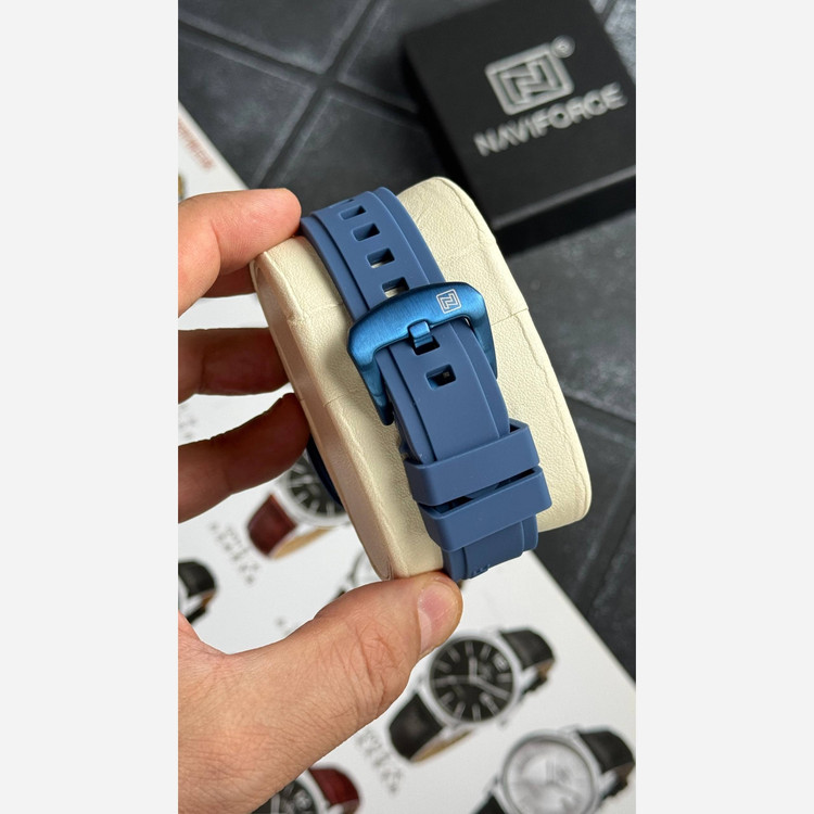 ساعت مردانه پسرانه نیوی فورس Naviforce اورجینال سه موتور فعال بند رابر آبی سرمه ای