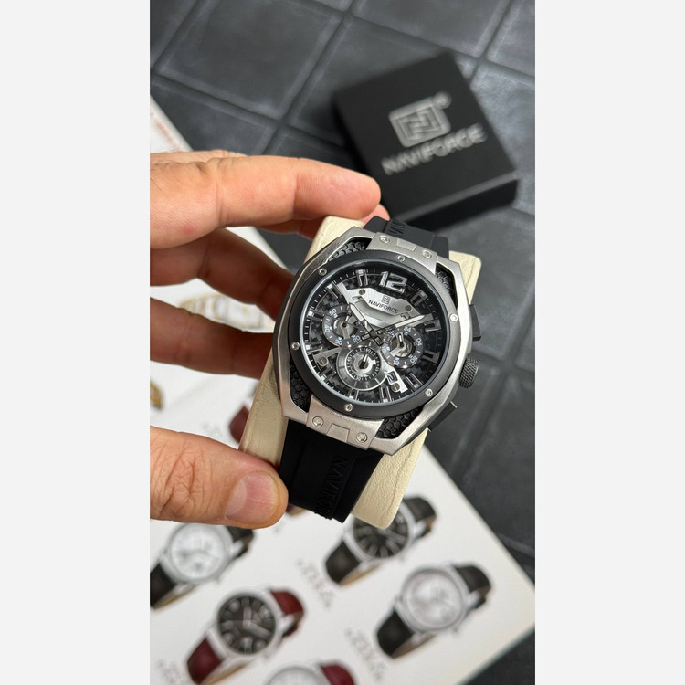 ساعت مردانه پسرانه نیوی فورس Naviforce اورجینال سه موتور فعال بند رابر مشکی نقره ای
