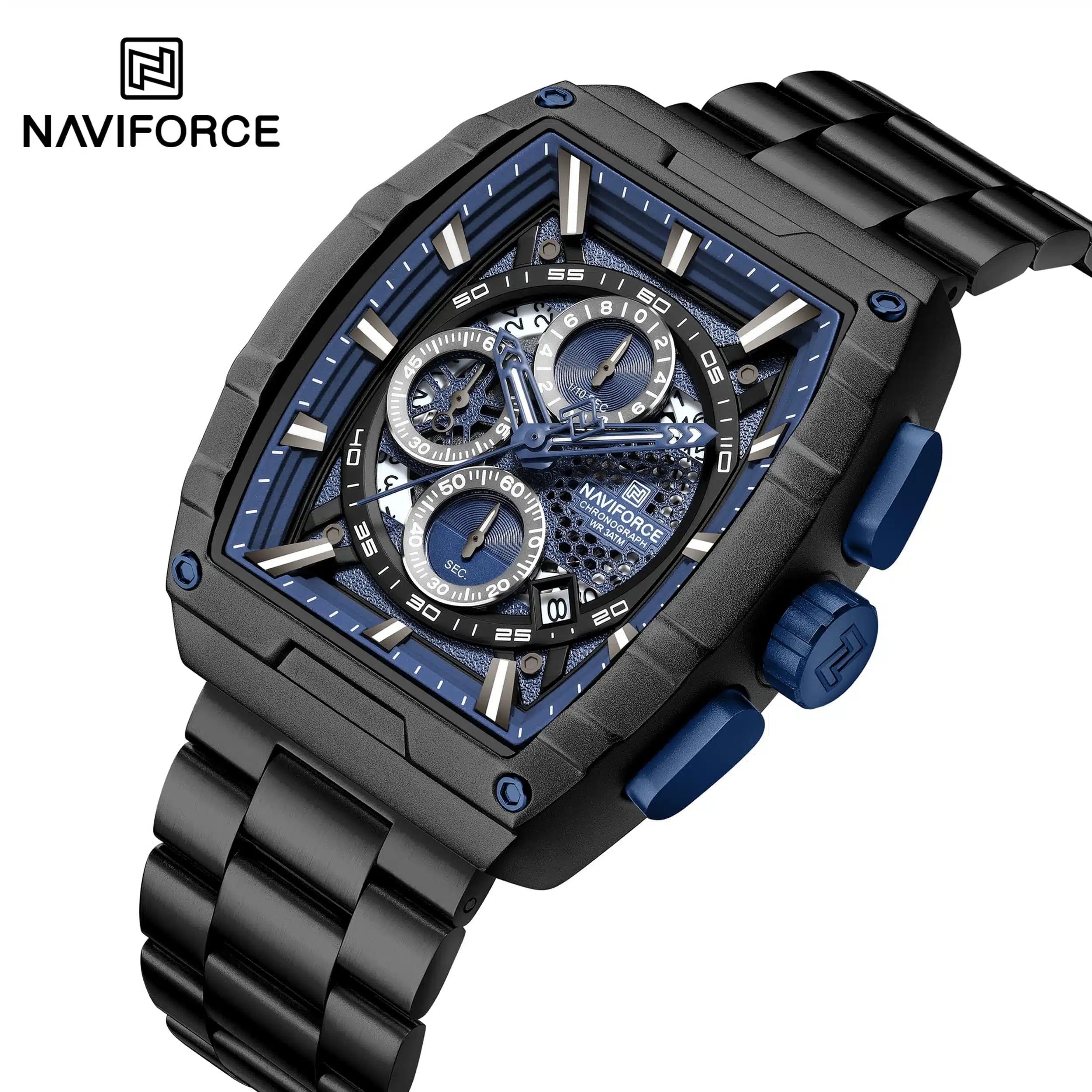 ساعت مچی مردانه ارجینال نیوی فورس Naviforce سه موتور فعال ضد آب بند مشکی  ارسال رایگان