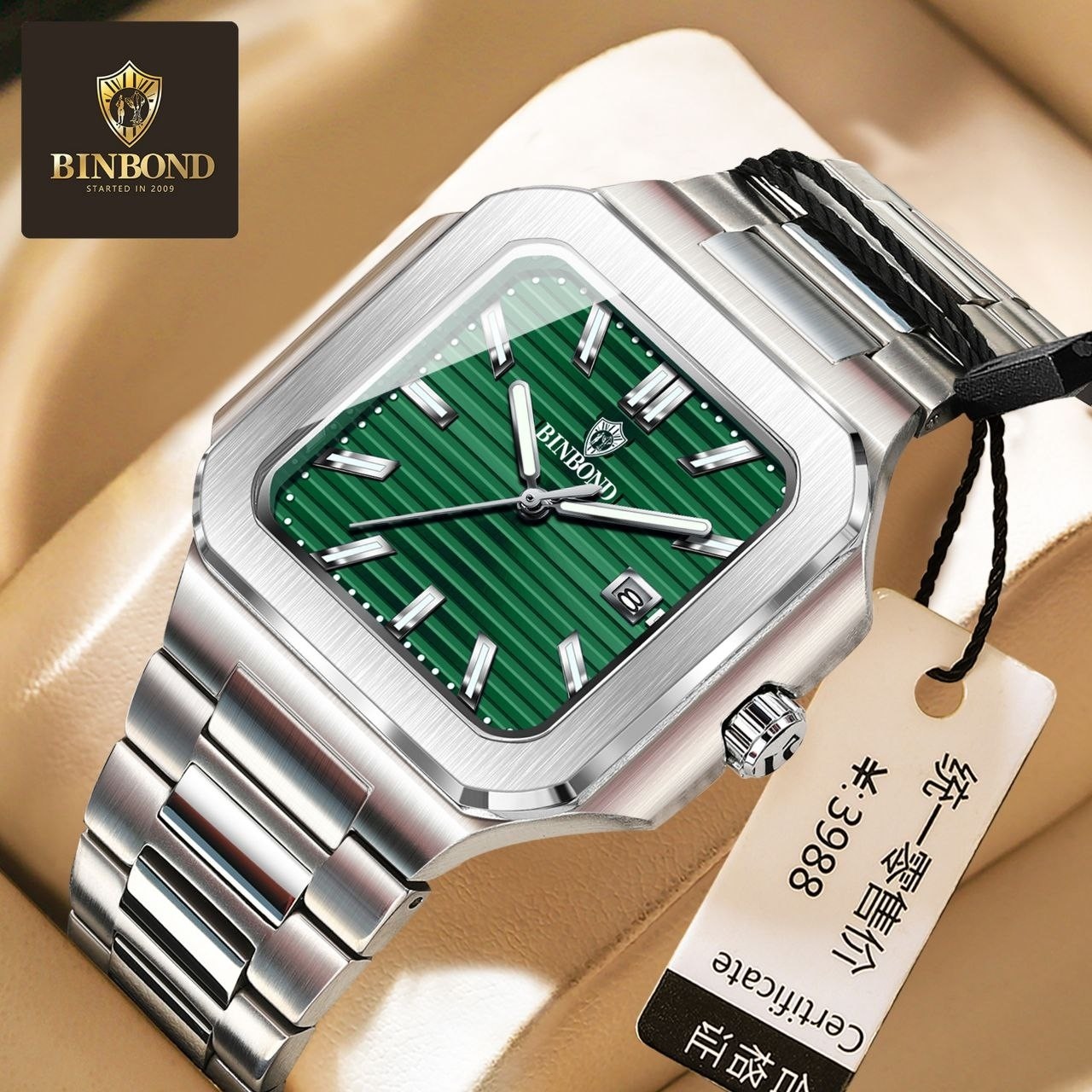 ساعت مردانه صفحه مربعی سبز بین باند binbond بند استیل نقره ای شیشه سافایر ارسال رایگان