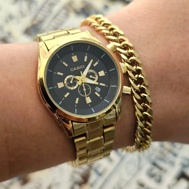 ساعت ست مردونه و زنونه کاسیو casio طلایی صفحه مشکی با دستبند و حلقه ارسال رایگان