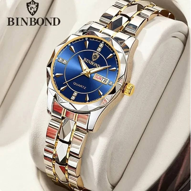 ساعت مردانه زنانه بین باند اورجینال سرمه ای binbond دو تقویم فول استیل