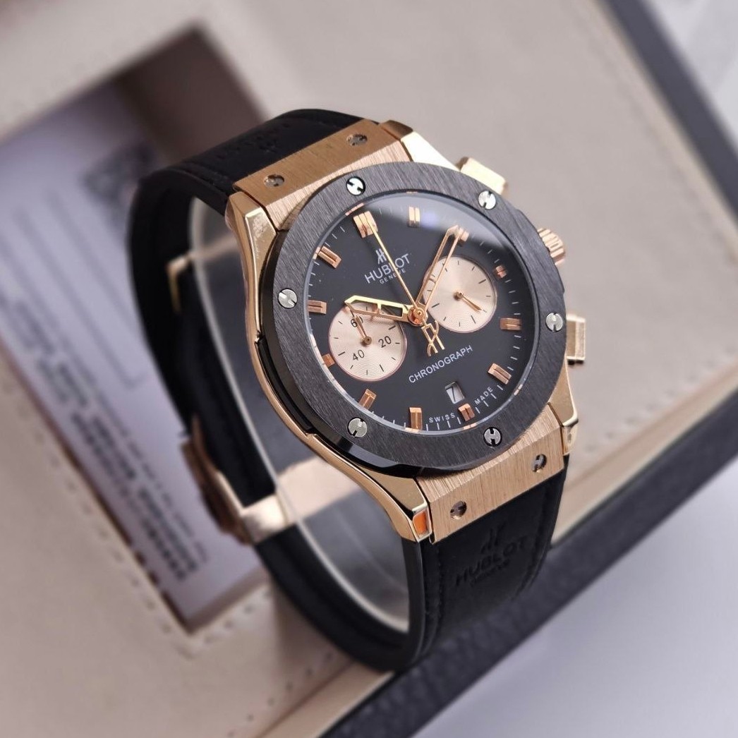 ساعت مچی مردونه هابلوت hublot کرنوگراف سه موتور فعال بند رابر مشکی