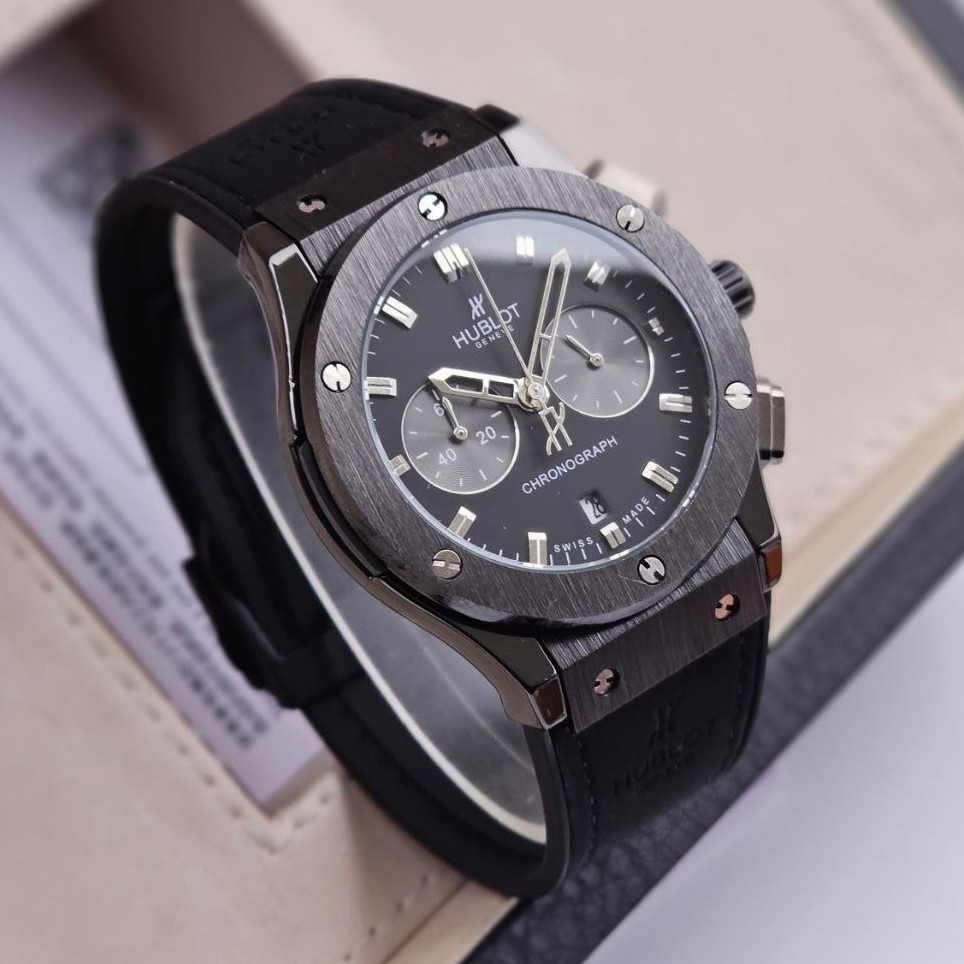ساعت مردانه هابلوت hublot کرنوگراف سه موتور فعال بند رابر مشکی