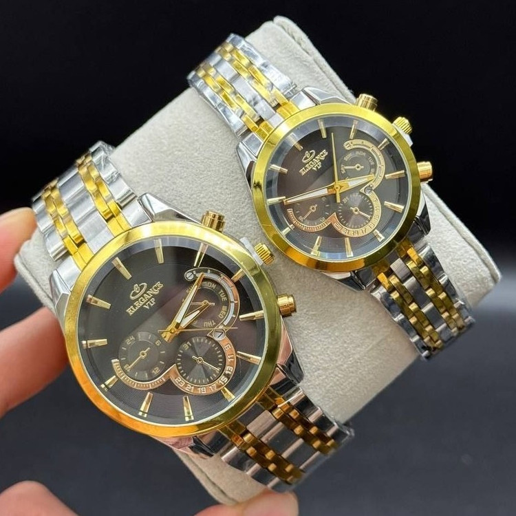 ست ساعت مردونه و زنونه الگانس elegance vip بند استیل نقره ای طلایی