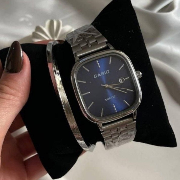 ساعت مچی مردونه کاسیو casio اولد مانی نقره ای با دستبند بنگلی