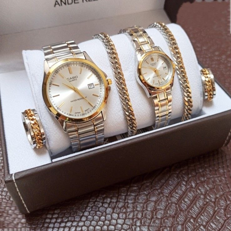 ست ساعت مردانه زنانه کاسیو casio بند طلایی نقره ای استیل