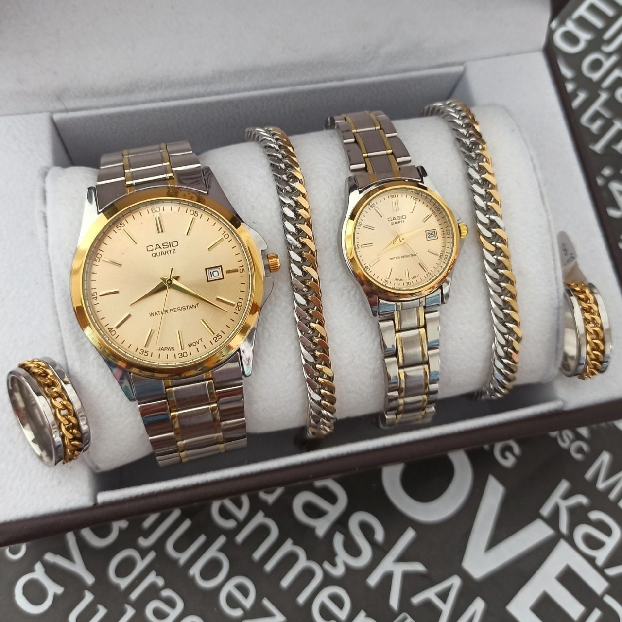 ست ساعت مردانه و زنانه کاسیو casio بند طلایی نقره ای استیل