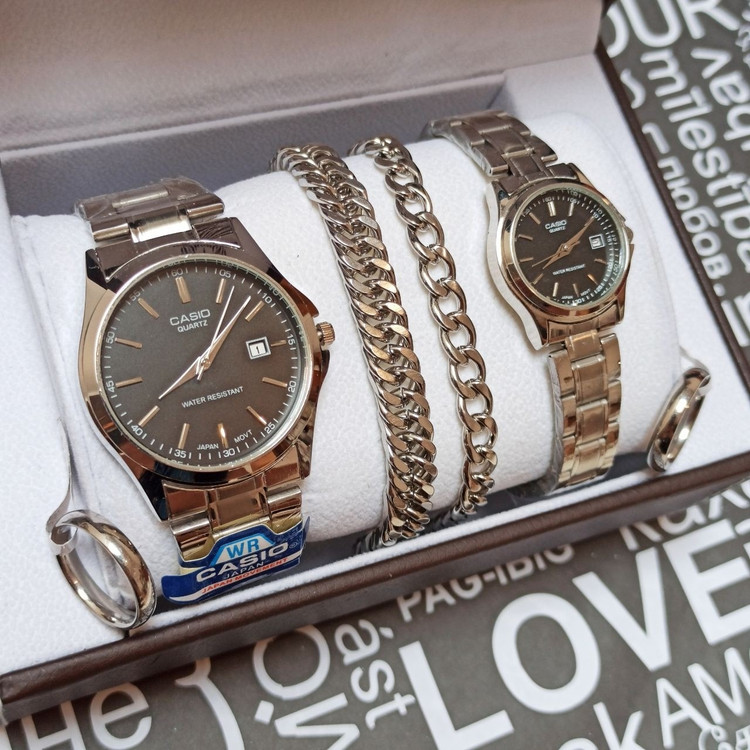ست ساعت مردونه و زنونه کاسیو casio نقره ای صفحه مشکی استیل رنگ ثابت