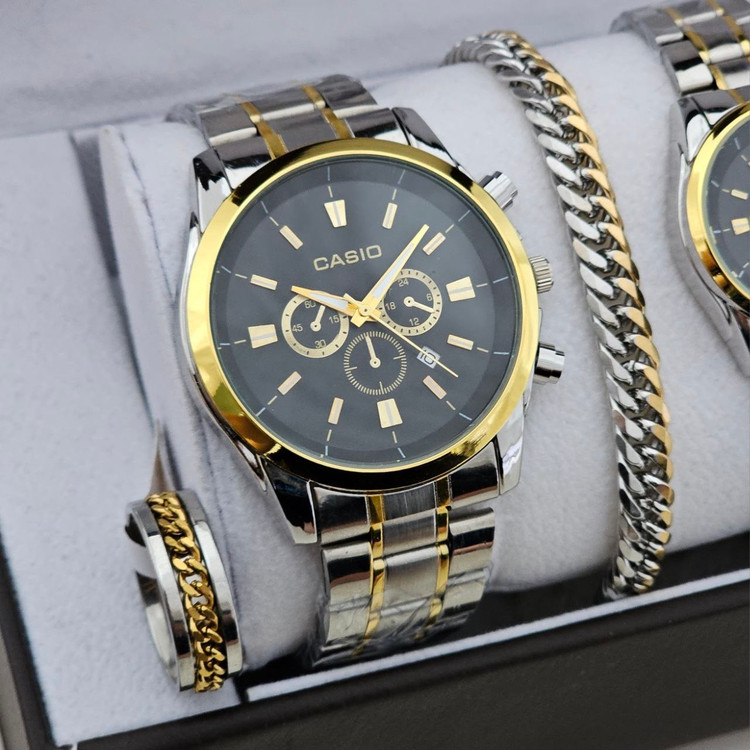 ست ساعت مردونه و زنونه کاسیو casio با دستبند و انگشتر ست صفحه مشکی با بند طلایی نقره ای رنگ ثابت با ارسال رایگان