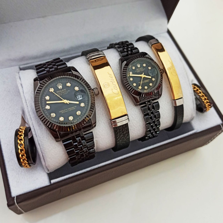 ست ساعت مردونه و زنونه رولکس rolex دیت جاست مشکی با دستبند و انگشتر ست دارای تقویم