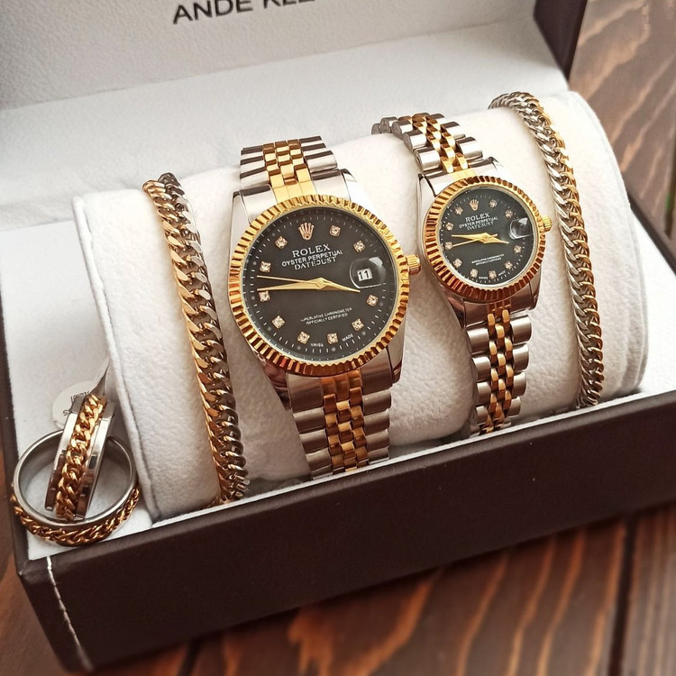 ساعت رولکس Rolex ست مردانه و زنانه با دستبند ست کارتیه و انگشتر ست