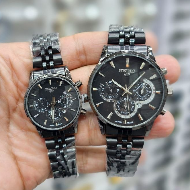 ست ساعت مردانه زنانه سیکو seiko vip بند استیل مشکی