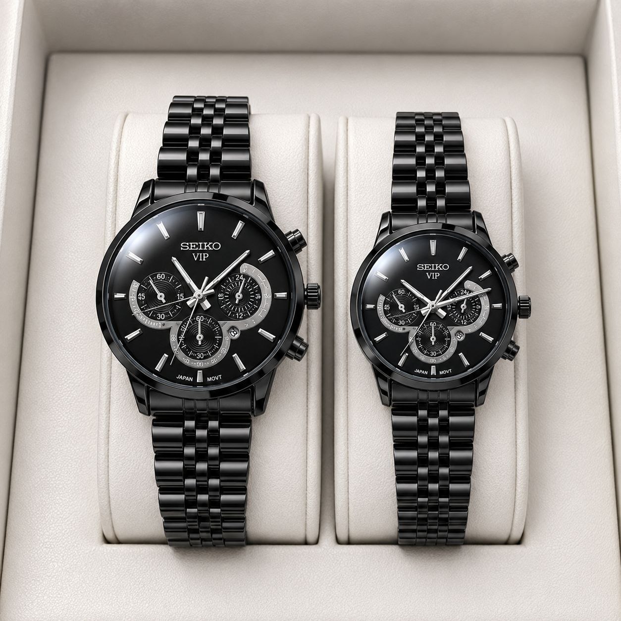 ست ساعت مردانه زنانه سیکو seiko vip بند استیل مشکی