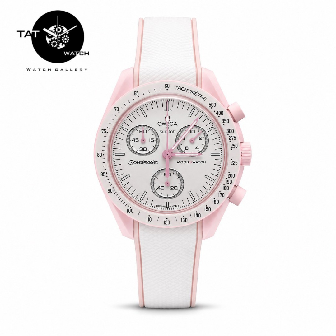 ساعت زنانه امگا سواچ ونوس venus صورتی بند رابر قفل امگایی سه موتوره کرنو باگارانتی omega swatch ساعت مچی