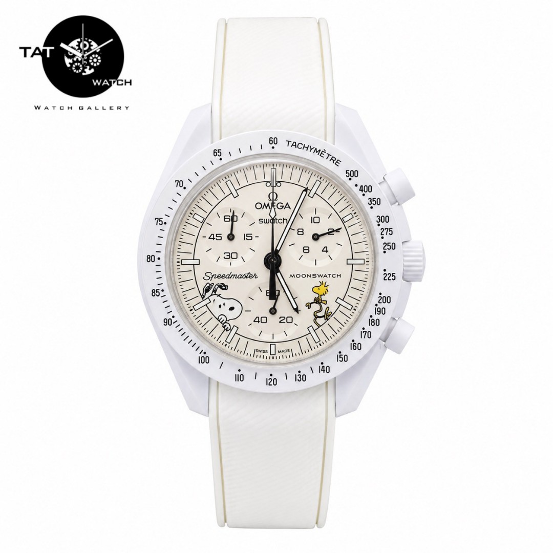 ساعت مردانه زنانه امگا سواچ ماه اسنوپی سفید Moon بند رابر قفل امگایی سه موتوره کرنو باگارانتی omega swatch ساعت مچی