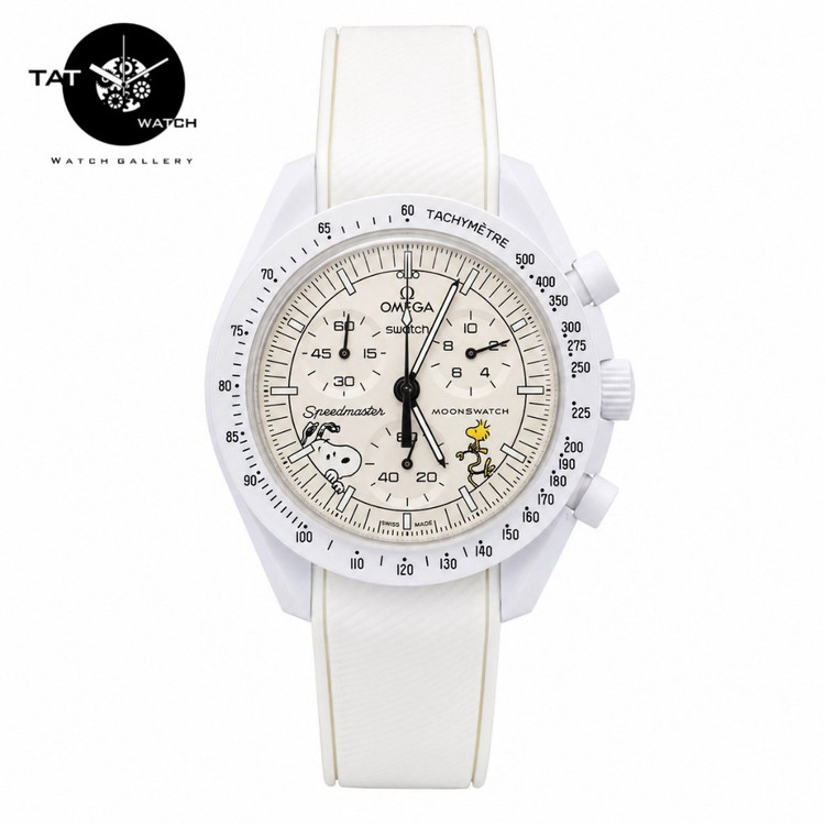 ساعت مردانه زنانه امگا سواچ ماه اسنوپی سفید Moon بند رابر قفل امگایی سه موتوره کرنو باگارانتی omega swatch ساعت مچی