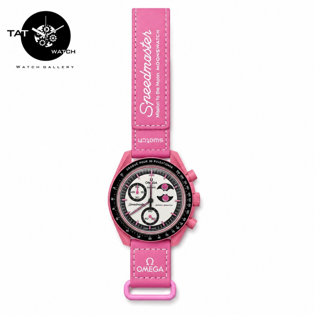 ساعت زنانه امگا سواچ ماه صورتی باربی pink moon سه موتوره کرنو گارانتی جعبه ارسال رایگان ساعت مچی omega swatch
