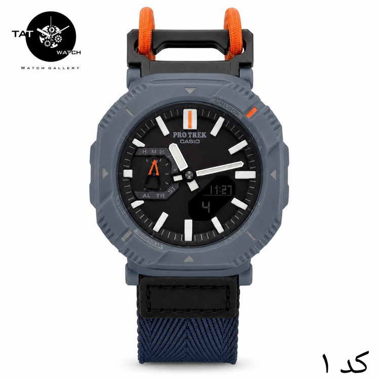 ساعت مردانه کاسیو پروترک PRJB001 با جعبه بند برزنتی کشی موتور ژاپن فول آپشن ساعت مچی کوهنوردی کمپینگ Casio Protrek