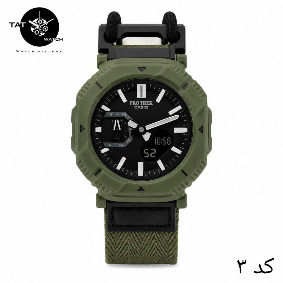 ساعت مردانه کاسیو پروترک PRJB001 با جعبه بند برزنتی کشی موتور ژاپن فول آپشن ساعت مچی کوهنوردی کمپینگ Casio Protrek
