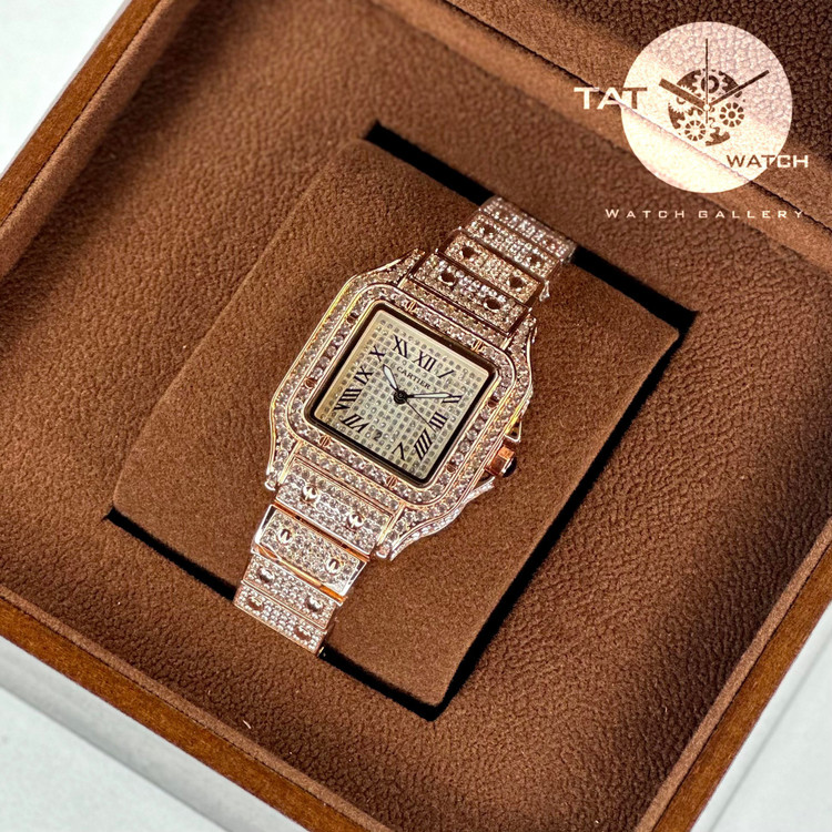 ساعت مچی زنانه کارتیر فول نگین رزگلد دارای گارانتی و جعبه و ارسال رایگان CARTIER