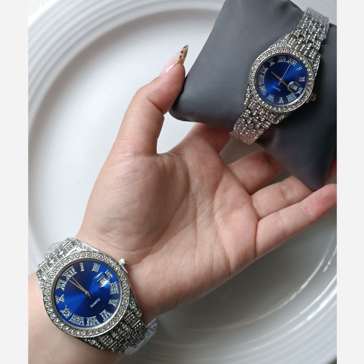 ساعت ست فول نگین طرح رولکس نقره ای صفحه آبی