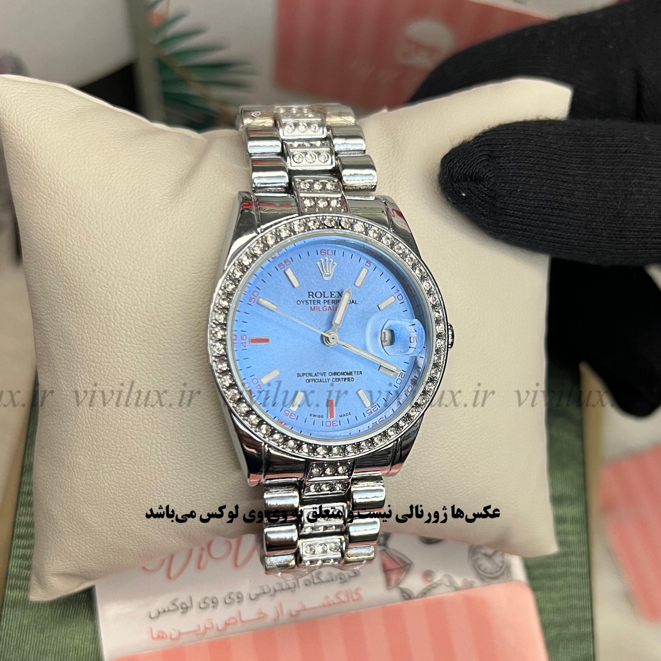 ساعت زنانه رولکس نگین دار قفل اصلی آبی اسیل