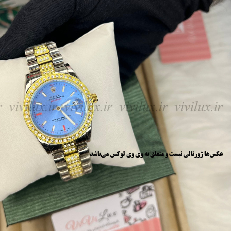 ساعت زنانه رولکس نگین دار قفل اصلی آبی مالتی کالر