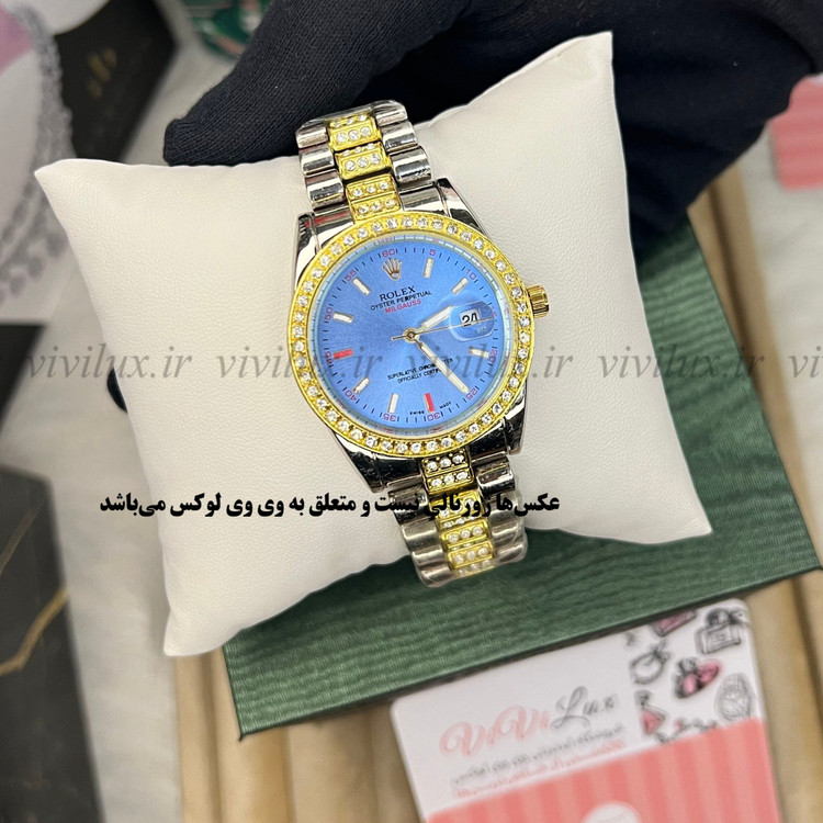 ساعت زنانه رولکس نگین دار قفل اصلی آبی مالتی کالر