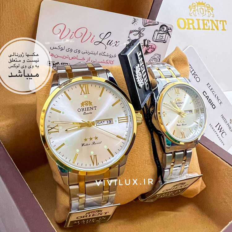 ساعت مردانه برند اورینت لوکس دو تقویمه با فول پک باکس استیل رنگ ثابت با تقویم فارسی و انگلیسی کیفیت عالی ORIENT