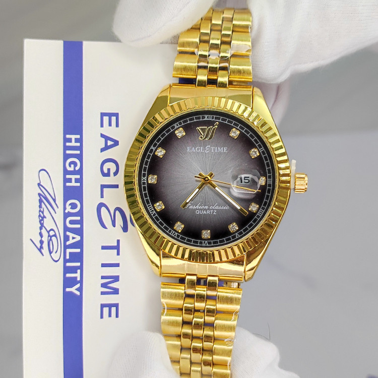 ساعت مردانه اورجینال کیفیت عالی برند EAGLE TIME با کارت اصالت برند طلایی صفحه خاص فیلی مشکی