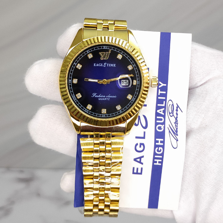 ساعت مردانه اورجینال کیفیت عالی برند EAGLE TIME با کارت اصالت برند طلایی صفحه آبی