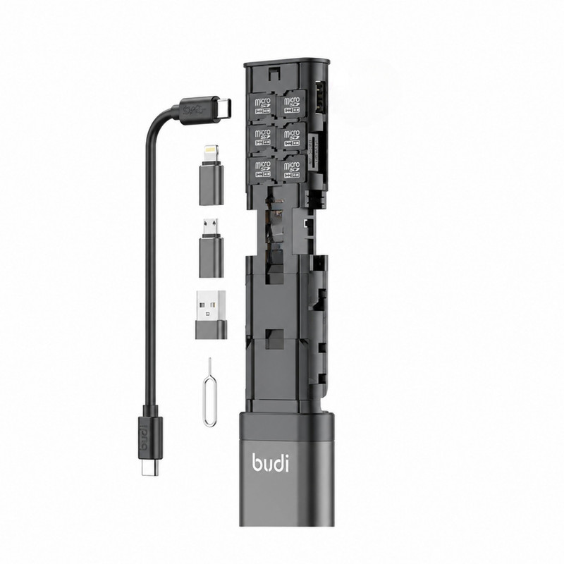 کارت‌خوان بودی مدل DC536B به همراه سوزن سیم‌کارت و کابل تبدیل USB-C و سه عدد تبدیل USB