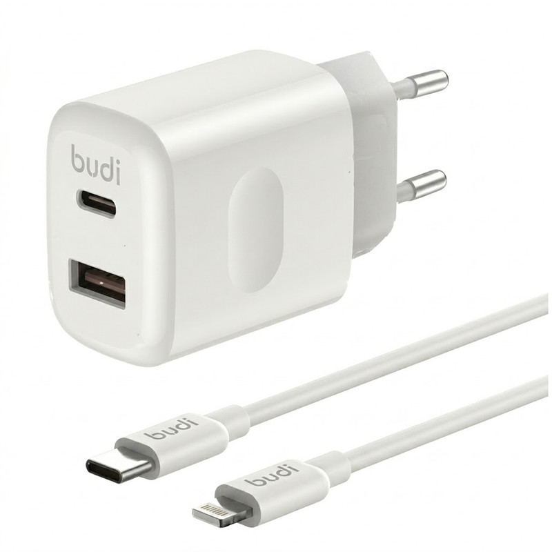 شارژر دیواری ۳۰ وات دو پورت بودی مدل AC306ETLW به همراه کابل تبدیل USB-C به لایتنینگ