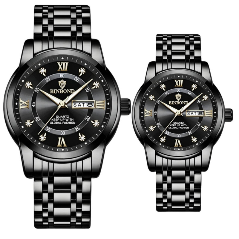 ست ساعت مچی عقربه‌ای کوارتز زنانه و مردانه بین باند مدل دی دیت دو تقویم نگینی کد 005