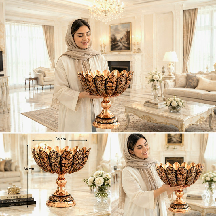 میوه خوری مسی طرح الماس تراش نقره کوب ارتفاع 34